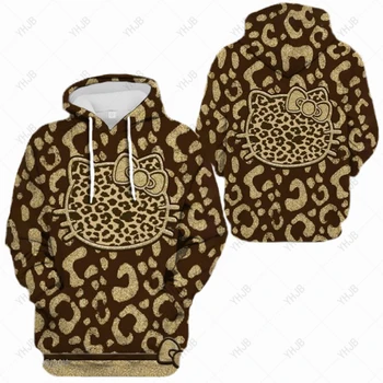 2023 Naujas Streetwear Hoodie Hello Kitty Spausdinti Moterų Palaidinukė Rudens ir Žiemos ilgomis rankovėmis Harajuku Leopard 
